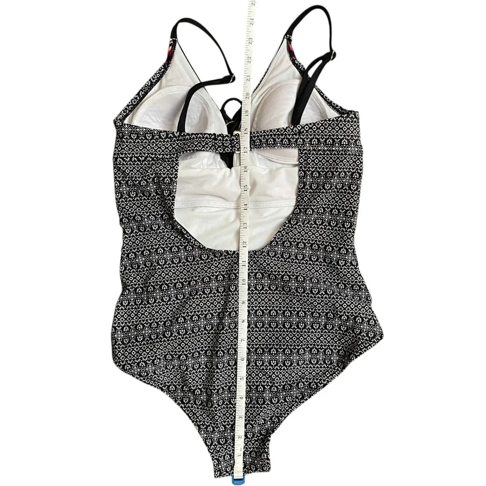 Kona Sol Lace Up Front Black and Pink Geometric One Piece Swimsuit S
